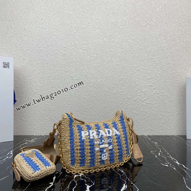 Prada專櫃新款拉菲草三合一女包 1BH204 普拉達純手工編織條紋系列肩背斜挎包 csp1573